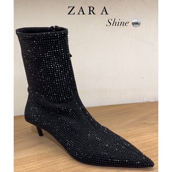 ZARA Black Pointed Toe Rhinestone Ankle Boots NWT – Size 6.5 & 8 - Picture 4 of 16
